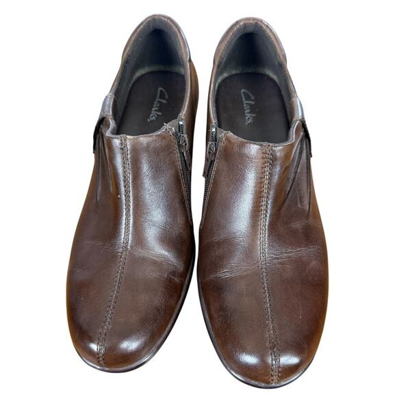 Clarks Clogs Brown Leather Chunky Heel Casual Shoes Side Zip Comfort sz 7 M - Picture 6 of 16